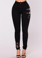 Oasap High Waist Bodycon Floral Embroidery Pants