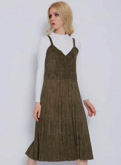 Oasap Faux Suede V Neck Solid Pleated Suspender Midi Dress