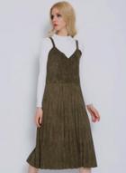 Oasap Faux Suede V Neck Solid Pleated Suspender Midi Dress