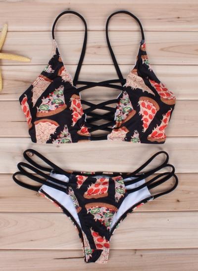 Oasap High Waist Hollow Out Print Bikini Set