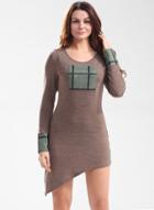 Oasap Round Neck Long Sleeve Color Block Asymmetric Dress