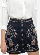 Oasap High Waist Embroidery Button Down Denim Skirt