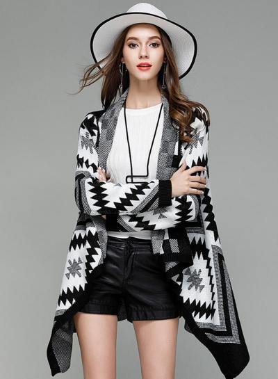 Oasap Geometric Pattern Knitted Asymmetric Loose Cardigan