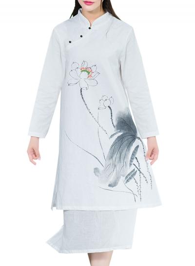 Oasap Women's Casual Long Sleeve Print Two Layers Hem Dress