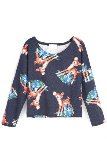 Oasap Stylish Sika Deer Pattern Cropped Sweatshirt