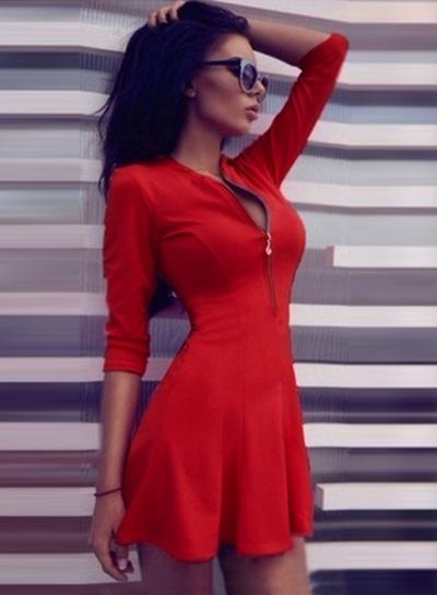 Oasap V Neck Long Sleeve Zip A-line Dress