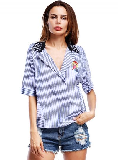 Oasap Turn Down Collar Striped Half Sleeve Shirts