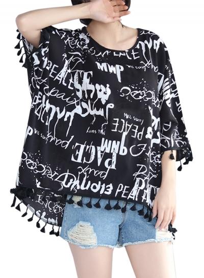 Oasap Loose Fit Printed High Low Tee With Tassel