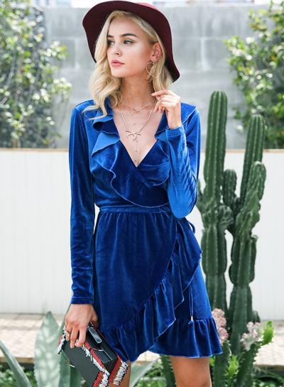 Oasap Solid Color Long Sleeve V Neck Flounce Panel Mini Dress