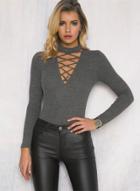 Oasap Fashion Long Sleeve Slim Fit Criss Cross Tee