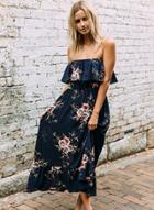 Oasap Strapless Ruffle Floral Printed Maxi Dress