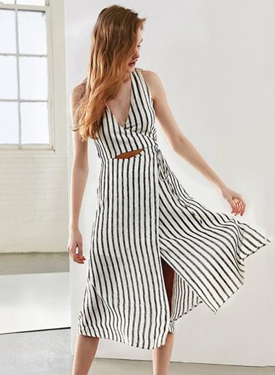Oasap V Neck Sleeveless Hollow Out Tie Back Striped Dress