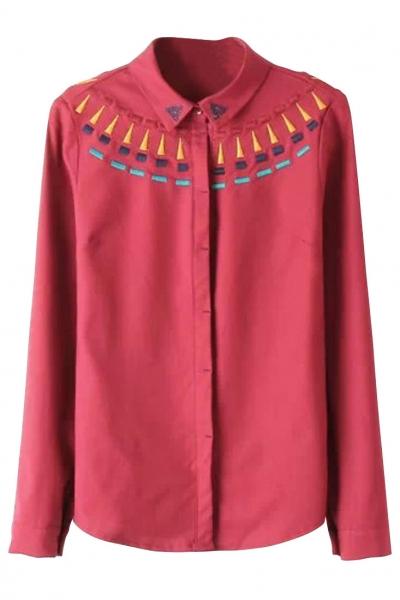 Oasap Embroidery Yoke Button Down Shirt