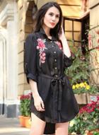 Oasap Fashion Floral Embroidery Shirt Dress With Belt