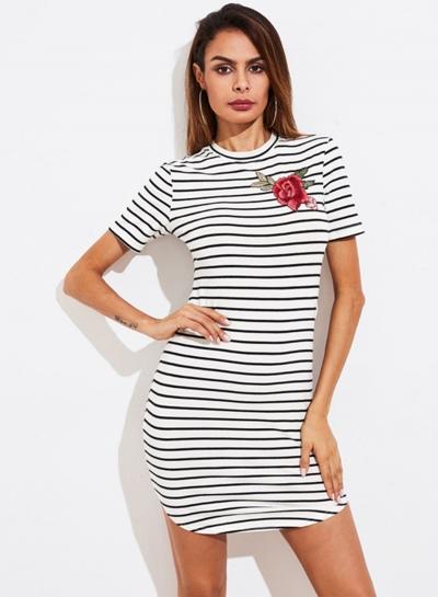 Oasap Short Sleeve Rose Embroidery Stripe Mini Dress