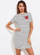 Oasap Short Sleeve Rose Embroidery Stripe Mini Dress