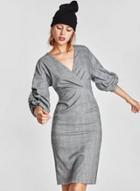 Oasap V Neck 3/4 Sleeve Plaid Midi Dress