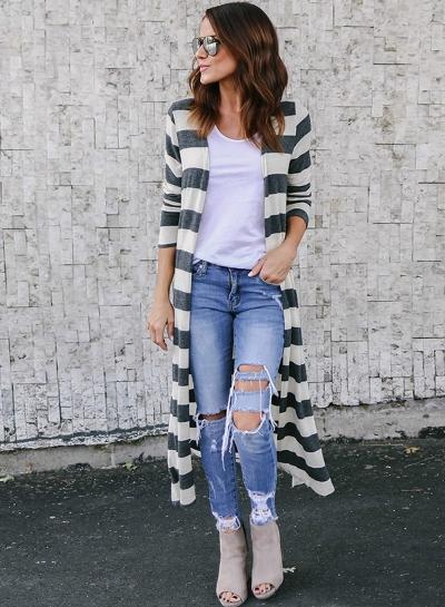 Oasap Long Sleeve Striped Open Front Knit Coat