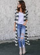 Oasap Long Sleeve Striped Open Front Knit Coat
