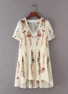 Oasap V Neck Short Sleeve Floral Embroidery Dress