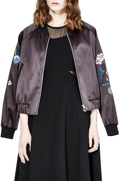 Oasap Fashion Floral Embroidery Print Long Sleeve Bomber Jacket