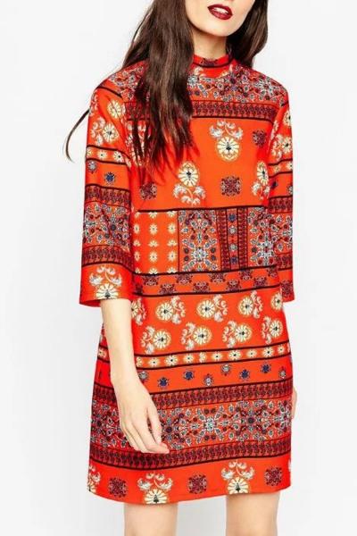 Oasap Women Floral Print Mock Neck Shift Dress