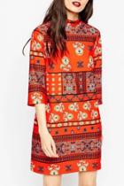 Oasap Women Floral Print Mock Neck Shift Dress