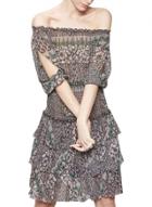 Oasap Women's Floral Print Slash Neck Elastic Waist Flounce Hem Chiffon Dress