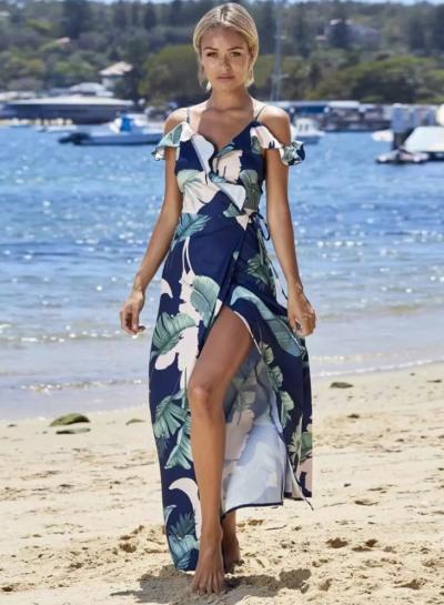 Oasap Spaghetti Strap Cold Shoulder Ruffle Split Maxi Dress