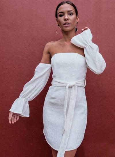 Oasap Strapless Lantern Sleeve Solid Dress With Belt