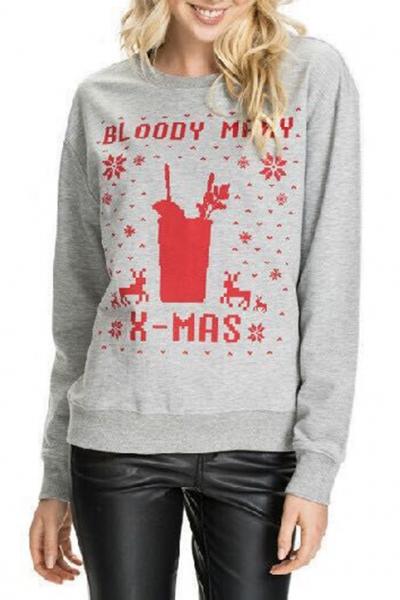 Oasap Christmas Print Round Neck Long Sleeve Knit Sweater