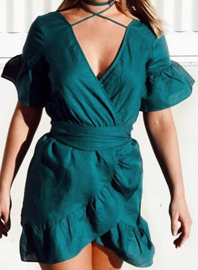 Oasap V Neck Short Sleeve Ruffle Dress With Belt