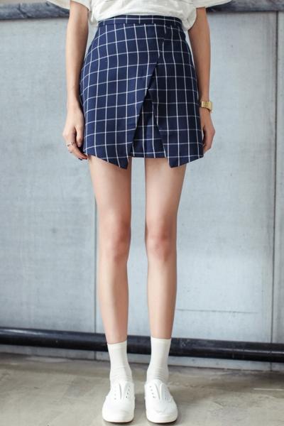 Oasap Preppy Plaid Print Overlap Bodycon Skirt