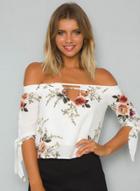 Oasap Off Shoulder Floral Print Tie Cuff Blouse