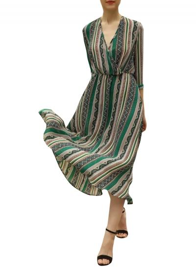 Oasap Women's Vintage Print V Neck 3/4 Sleeve Elastic Waist Beach Dress