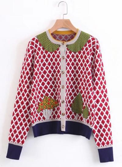 Oasap Button Down Long Sleeve Embroidery Color Block Cardigan