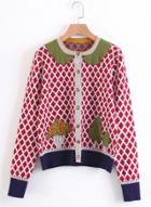 Oasap Button Down Long Sleeve Embroidery Color Block Cardigan