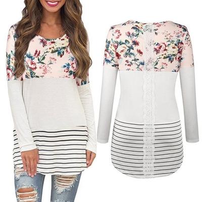 Oasap Floral Print Round Neck Long Sleeve Striped Tee Shirt