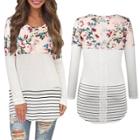 Oasap Floral Print Round Neck Long Sleeve Striped Tee Shirt