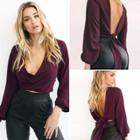 Oasap V Neck Long Sleeve Backless Cropped Blouse