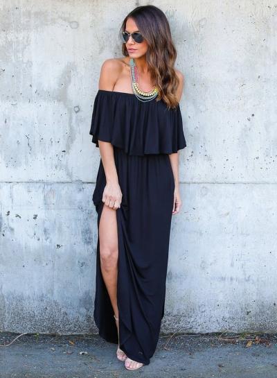 Oasap Solid Color Slash Neck Off Shoulder High Slit Maxi Dress