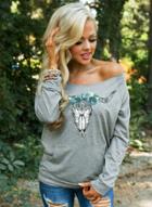 Oasap Sheep Skull Print Scoop Neck Long Sleeve Tee Shirt