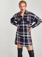 Oasap Turn Down Collar Long Sleeve Plaid Floral Embroidery Dress