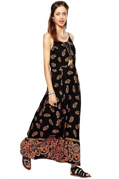 Oasap Vintage Black Paisley Print Midi Spaghetti Strap Dress