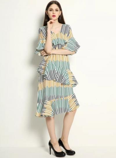 Oasap Short Flounce Sleeve V Neck Stripe Midi Dress