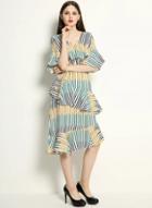 Oasap Short Flounce Sleeve V Neck Stripe Midi Dress