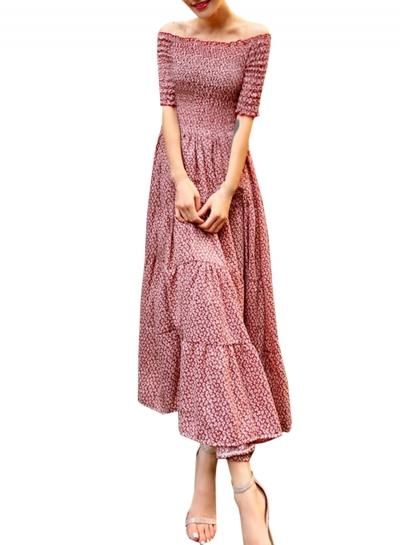 Oasap Women Sweet Slash Neck Floral Print Short Sleeve Dress