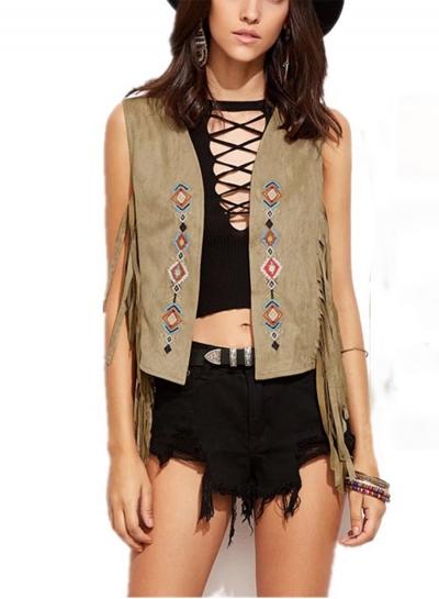 Oasap Pattern Embroidery Tassel Detail Suede Tank