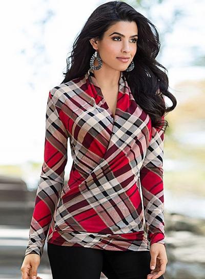 Oasap V Neck Long Sleeve Plaid Pullover Coat