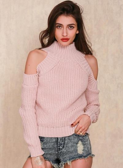 Oasap Turtleneck Cut Out Off Shoulder Knit Pullover Sweater
